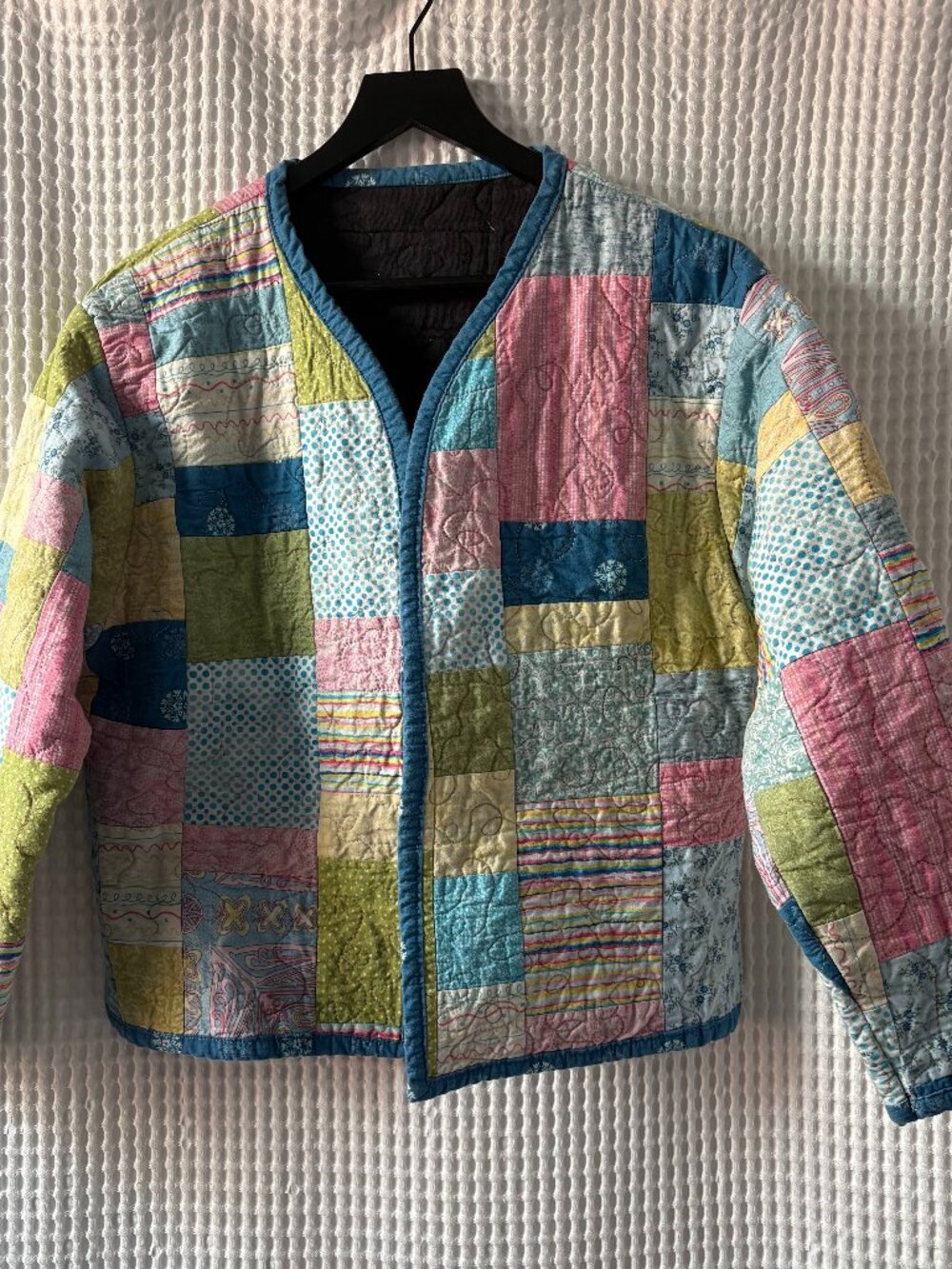 Upcycled handmade pastel quilted open front women's cottagecore whimsical jacket